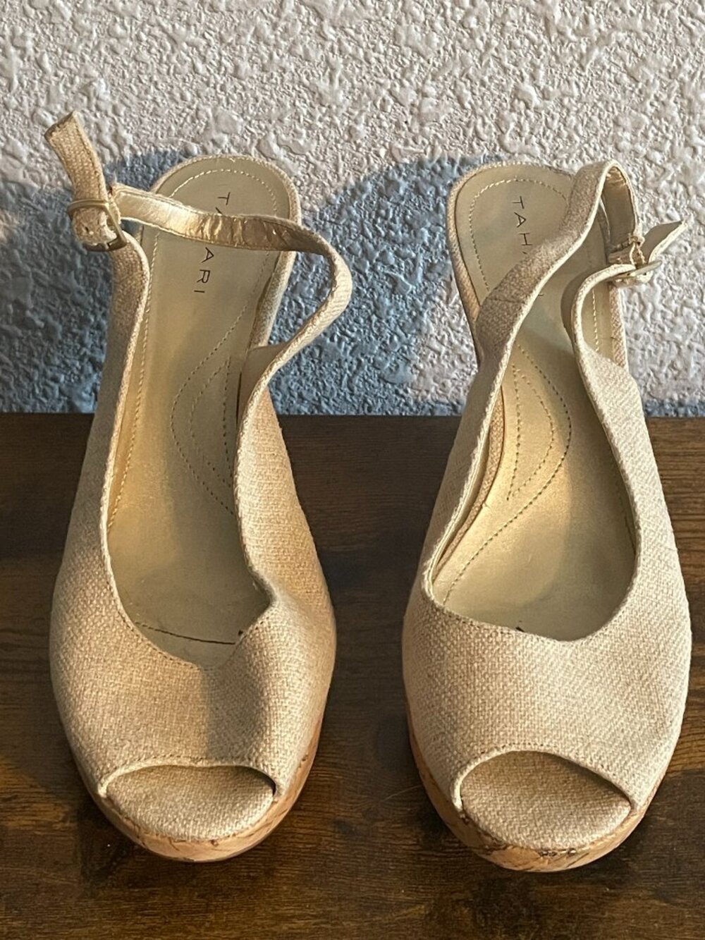 Tahari Woven Cork Wedges – Neutral Peep Toe – Size 9 (Light Wear)